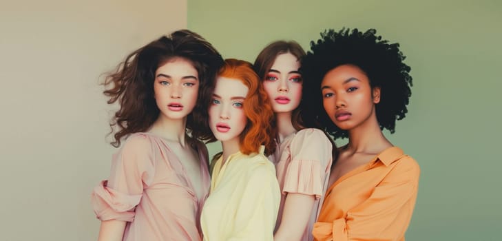 Group of beautiful stylish multiethnic young women together, four diverse models posing on soft pastel studio background