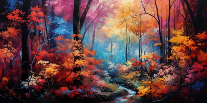A dense forest enveloped in an acid wash of vivid colors, the foliage appearing as if painted with fluorescent hues