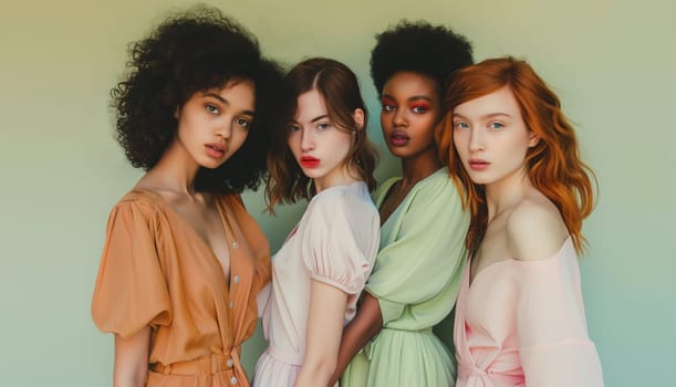 Group of beautiful stylish multiethnic young women together, four diverse models posing on soft pastel studio background