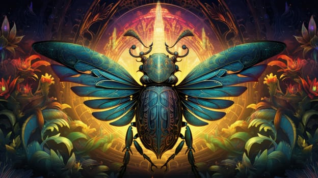 A close-up illustration of a scarab beetle, its body adorned with a swirling patterns and radiant colors