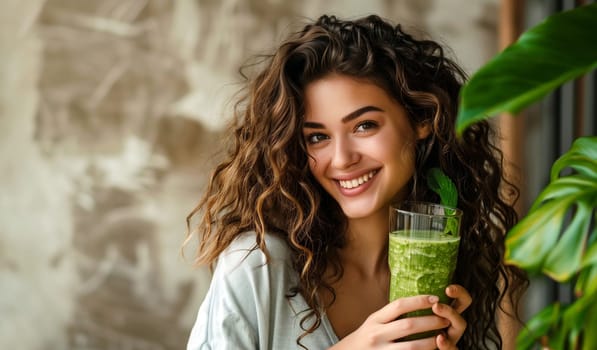 Portrait of happy young healthy woman with cup of fresh green smoothie drink, nutrition and diet concept