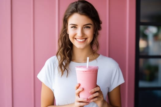 Portrait of happy young healthy woman with cup of fresh pink smoothie drink with berries, nutrition and diet concept