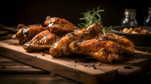 Grilled chicken wings on the grill, showcasing succulent roasted chicken with aromatic rosemary, and perfectly baked chicken thighs, promising a mouthwatering culinary experience.