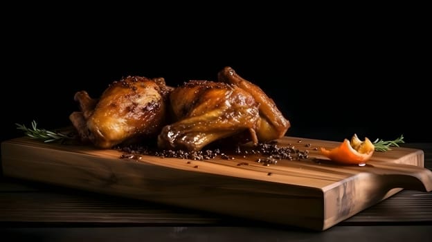 Grilled chicken wings on the grill, showcasing succulent roasted chicken with aromatic rosemary, and perfectly baked chicken thighs, promising a mouthwatering culinary experience.