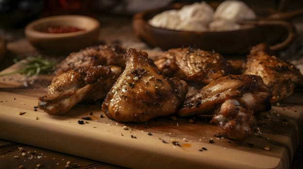 Grilled chicken wings on the grill, showcasing succulent roasted chicken with aromatic rosemary, and perfectly baked chicken thighs, promising a mouthwatering culinary experience.