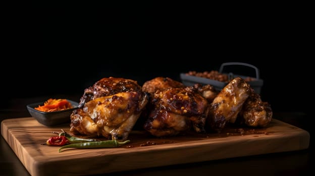 Grilled chicken wings on the grill, showcasing succulent roasted chicken with aromatic rosemary, and perfectly baked chicken thighs, promising a mouthwatering culinary experience.