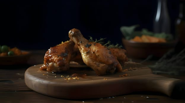 Grilled chicken wings on the grill, showcasing succulent roasted chicken with aromatic rosemary, and perfectly baked chicken thighs, promising a mouthwatering culinary experience.