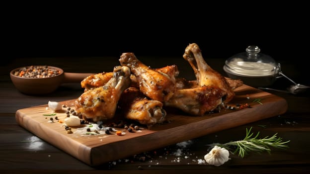 Grilled chicken wings on the grill, showcasing succulent roasted chicken with aromatic rosemary, and perfectly baked chicken thighs, promising a mouthwatering culinary experience.