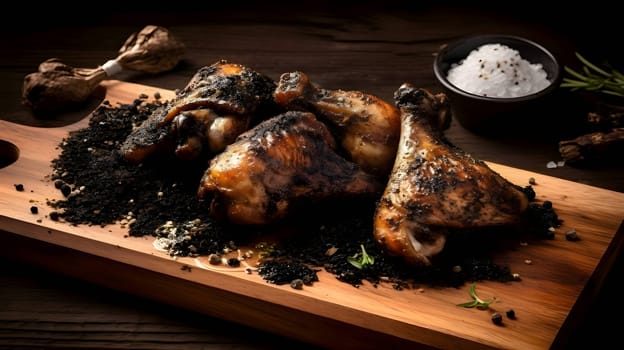 Grilled chicken wings on the grill, showcasing succulent roasted chicken with aromatic rosemary, and perfectly baked chicken thighs, promising a mouthwatering culinary experience.