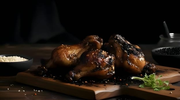 Grilled chicken wings on the grill, showcasing succulent roasted chicken with aromatic rosemary, and perfectly baked chicken thighs, promising a mouthwatering culinary experience.