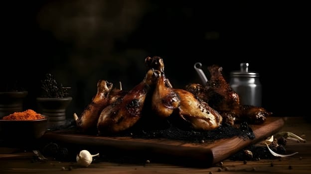 Grilled chicken wings on the grill, showcasing succulent roasted chicken with aromatic rosemary, and perfectly baked chicken thighs, promising a mouthwatering culinary experience.