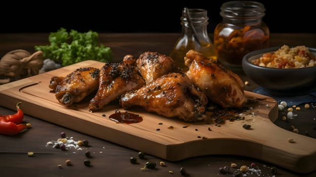 Grilled chicken wings on the grill, showcasing succulent roasted chicken with aromatic rosemary, and perfectly baked chicken thighs, promising a mouthwatering culinary experience.