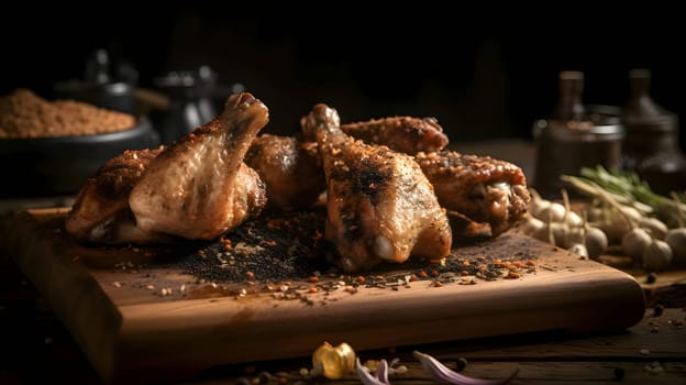 Grilled chicken wings on the grill, showcasing succulent roasted chicken with aromatic rosemary, and perfectly baked chicken thighs, promising a mouthwatering culinary experience.