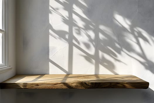 A hardwood shelf is placed in front of a window, casting a tree shadow on the wall. The rectangle shape contrasts with the tints and shades of the wood stain