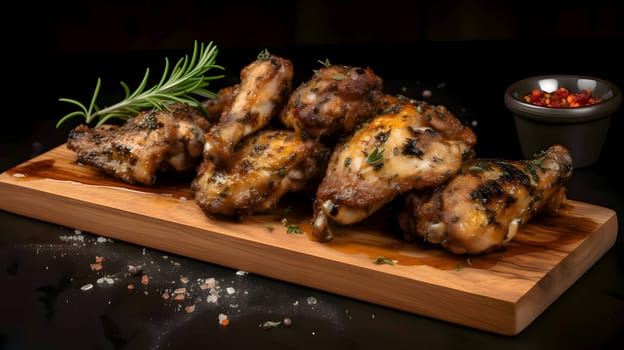 Grilled chicken wings on the grill, showcasing succulent roasted chicken with aromatic rosemary, and perfectly baked chicken thighs, promising a mouthwatering culinary experience.