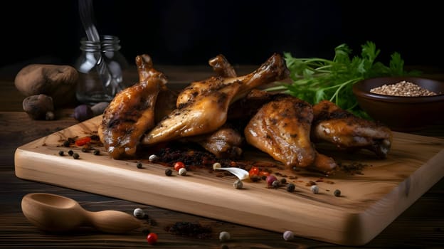 Grilled chicken wings on the grill, showcasing succulent roasted chicken with aromatic rosemary, and perfectly baked chicken thighs, promising a mouthwatering culinary experience.