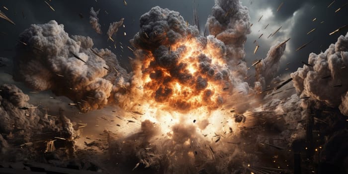 A detailed of an explosion scene, emphasizing the pulverized effect with finely dispersed debris and particles