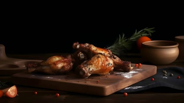 Grilled chicken wings on the grill, showcasing succulent roasted chicken with aromatic rosemary, and perfectly baked chicken thighs, promising a mouthwatering culinary experience.