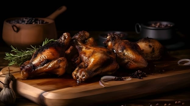 Grilled chicken wings on the grill, showcasing succulent roasted chicken with aromatic rosemary, and perfectly baked chicken thighs, promising a mouthwatering culinary experience.