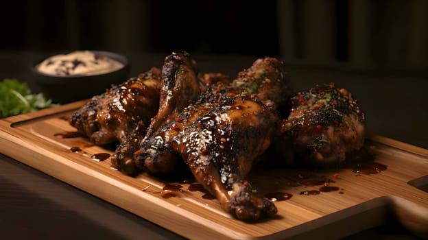 Grilled chicken wings on the grill, showcasing succulent roasted chicken with aromatic rosemary, and perfectly baked chicken thighs, promising a mouthwatering culinary experience.