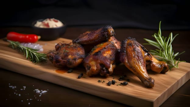 Grilled chicken wings on the grill, showcasing succulent roasted chicken with aromatic rosemary, and perfectly baked chicken thighs, promising a mouthwatering culinary experience.