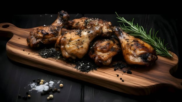 Grilled chicken wings on the grill, showcasing succulent roasted chicken with aromatic rosemary, and perfectly baked chicken thighs, promising a mouthwatering culinary experience.