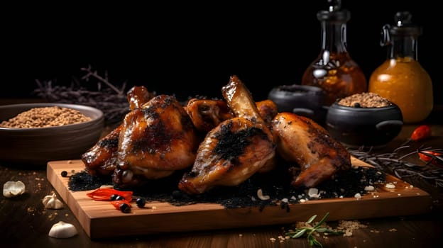 Grilled chicken wings on the grill, showcasing succulent roasted chicken with aromatic rosemary, and perfectly baked chicken thighs, promising a mouthwatering culinary experience.