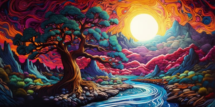 A hyper-realistic depiction of nature in a hydrodip style, where trees, mountains, and rivers are intricately painted with swirling patterns and vibrant colors