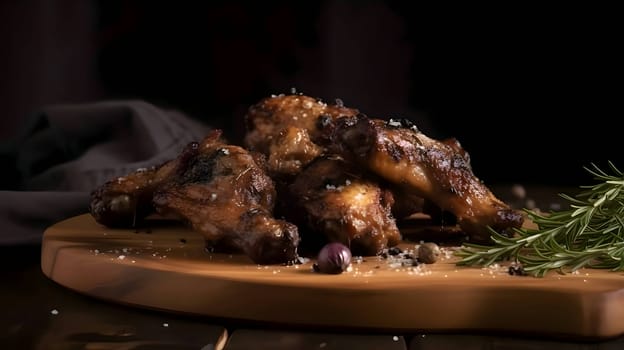 Grilled chicken wings on the grill, showcasing succulent roasted chicken with aromatic rosemary, and perfectly baked chicken thighs, promising a mouthwatering culinary experience.