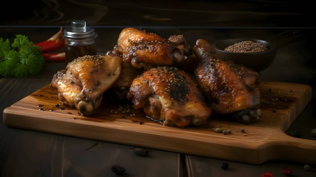 Grilled chicken wings on the grill, showcasing succulent roasted chicken with aromatic rosemary, and perfectly baked chicken thighs, promising a mouthwatering culinary experience.