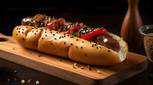 A hot dog adorned with mustard, ketchup, cucumber, and tomato is presented on a wooden kitchen board, offering a classic and appetizing snack.