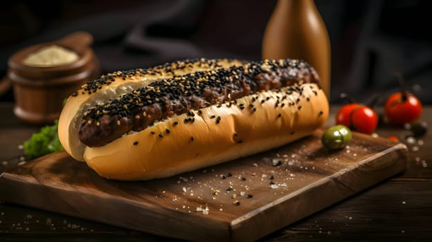 A hot dog adorned with mustard, ketchup, cucumber, and tomato is presented on a wooden kitchen board, offering a classic and appetizing snack.