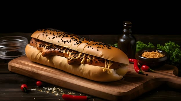 A hot dog adorned with mustard, ketchup, cucumber, and tomato is presented on a wooden kitchen board, offering a classic and appetizing snack.