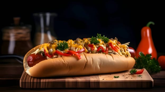 A hot dog adorned with mustard, ketchup, cucumber, and tomato is presented on a wooden kitchen board, offering a classic and appetizing snack.