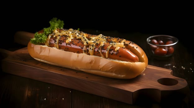 A hot dog adorned with mustard, ketchup, cucumber, and tomato is presented on a wooden kitchen board, offering a classic and appetizing snack.