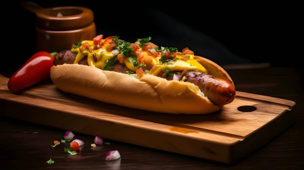A hot dog adorned with mustard, ketchup, cucumber, and tomato is presented on a wooden kitchen board, offering a classic and appetizing snack.