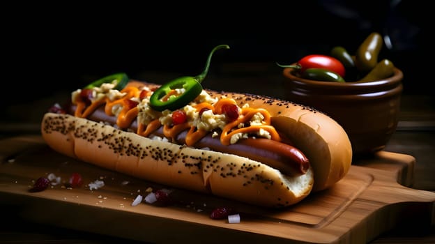 A hot dog adorned with mustard, ketchup, cucumber, and tomato is presented on a wooden kitchen board, offering a classic and appetizing snack.