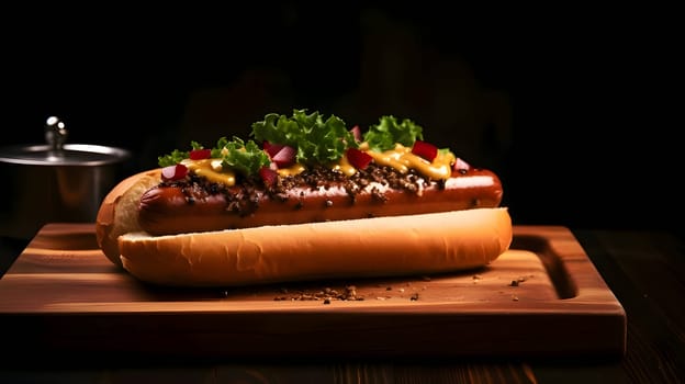 A hot dog adorned with mustard, ketchup, cucumber, and tomato is presented on a wooden kitchen board, offering a classic and appetizing snack.