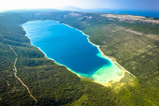 Vransko lake on Cres island aerial view, arcipelago of Croatia