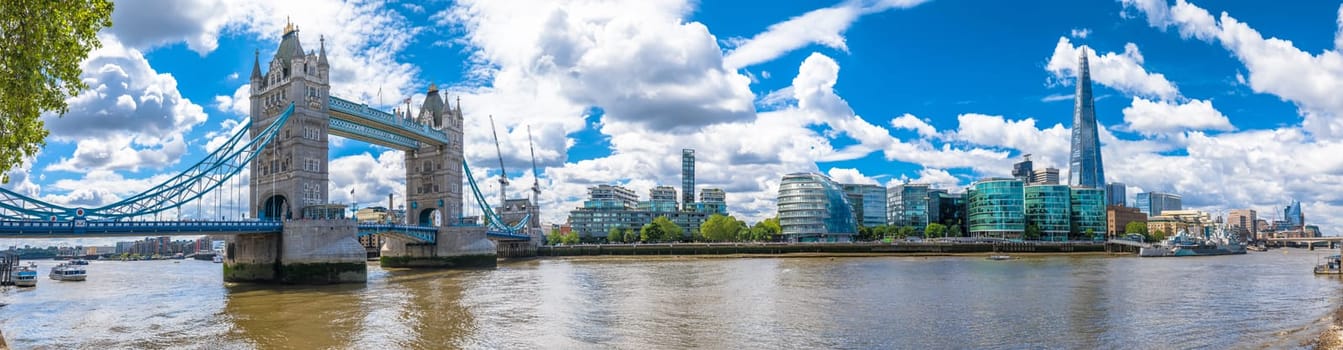 Tower bridge and Thames riverfront skyline panoramic view in London, capital of UK
