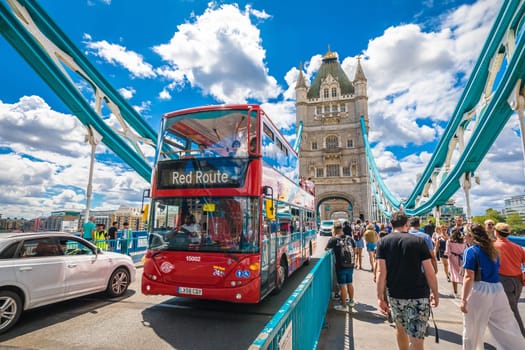 London, United Kingdom, June 24 2023: Iconic Tower bridge over Thames river in London view. Famous tourist spot, and one of most visited landmarsks in UK.