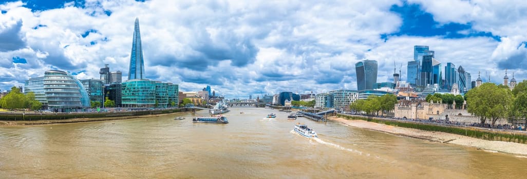 Thames riverfront skyline in London panoramic view, capital of UK