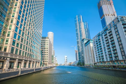 Canary Wharf financial district of London skyscrapers and canal view, capital of United Kingdom