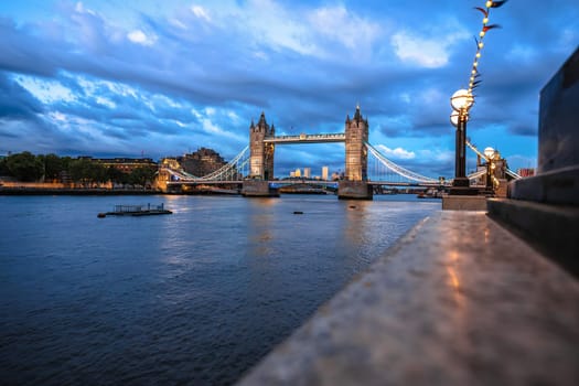 Tower bridge and Thames river in London evening view, capital of United Kingdom