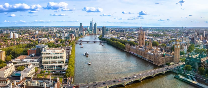 Westminster Big Ben and Thames riverfront panoramic view in London, capital of United Kingdom