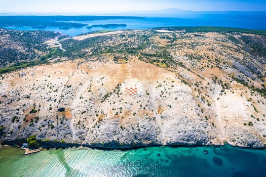 Rab island gigantic amblem of Croatia in stone desert near Lopar aerial view, archipelago of Croatia