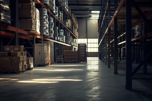 Dark warehouse, Dark industrial warehouse, Generative AI.