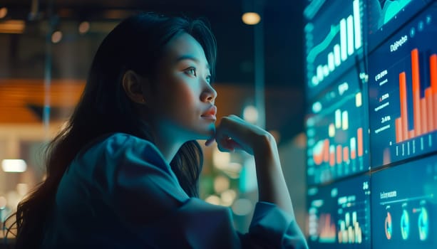 Asian woman using futuristic interface of a dashboard