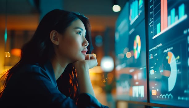 Asian woman using futuristic interface of a dashboard