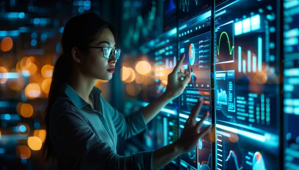 Asian woman using futuristic interface of a dashboard